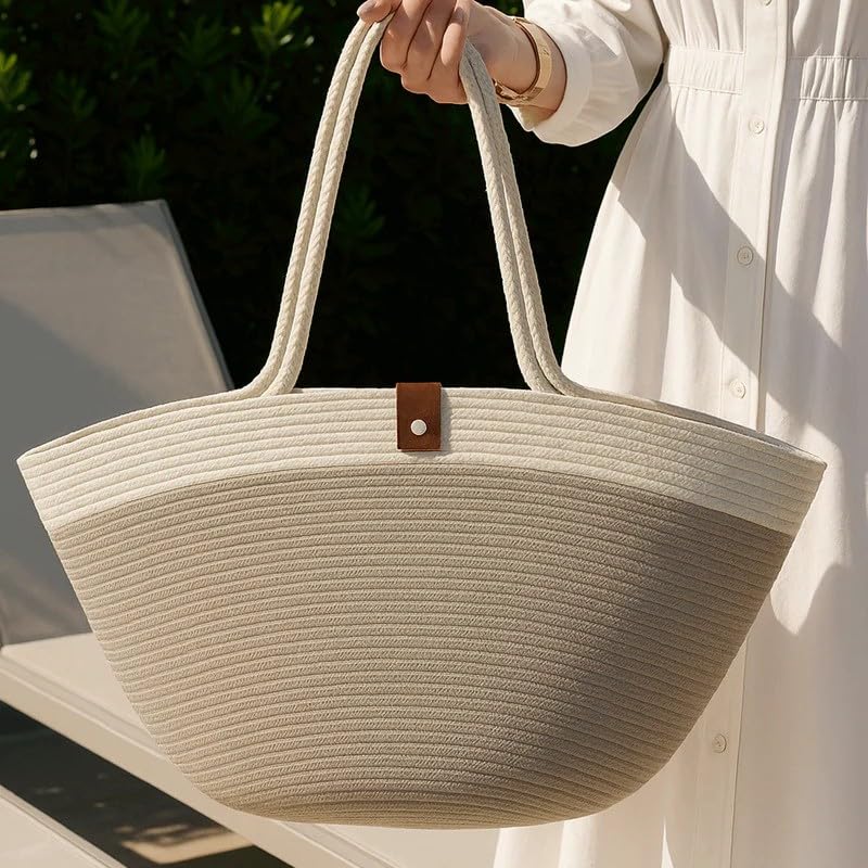 Cotton Rope Bag, 65×32 cm Woven Tote with Soft Handles, Eco-Friendly Textured Shoulder Bag for Beach Market Daily Use, Spacious Handcrafted Carryall for Women
