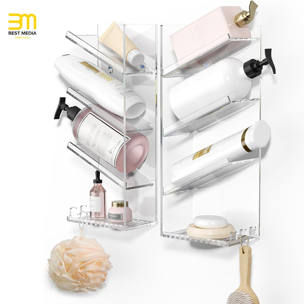 Acrylic Bathroom Organizer, Clear Wall-Mounted Shower Caddy with Suction Cup, No-Drill Rustproof Shampoo and Soap Holder Shelf, Durable Storage for Bathroom and Shower Walls