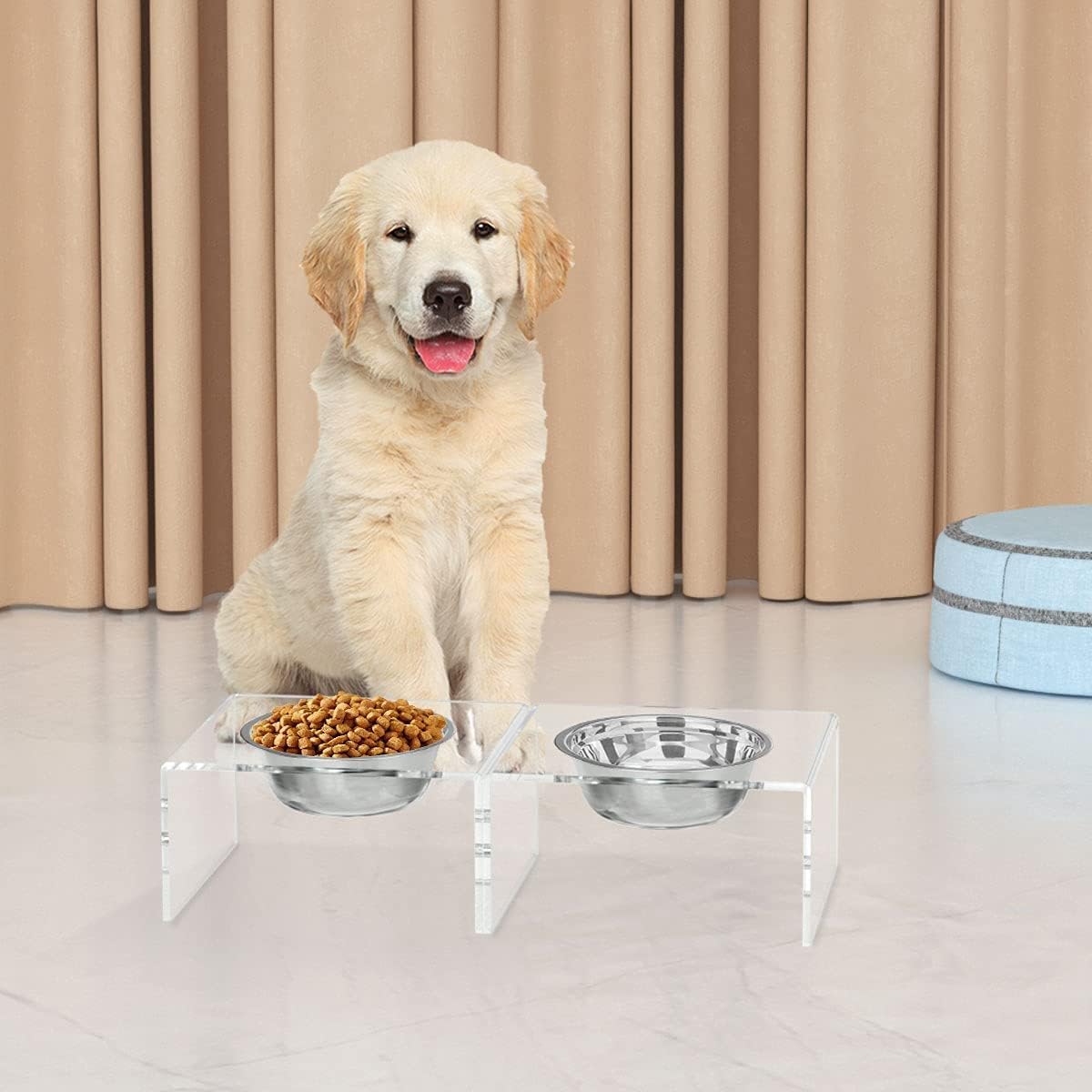 Acrylic Raised Dog Bowl Stand, Magnetic Feeder with Stainless Steel Bowls, 23.5 x 12.7 x 16 cm, Clear Pet Food and Water Stand, For Small and Medium Dogs