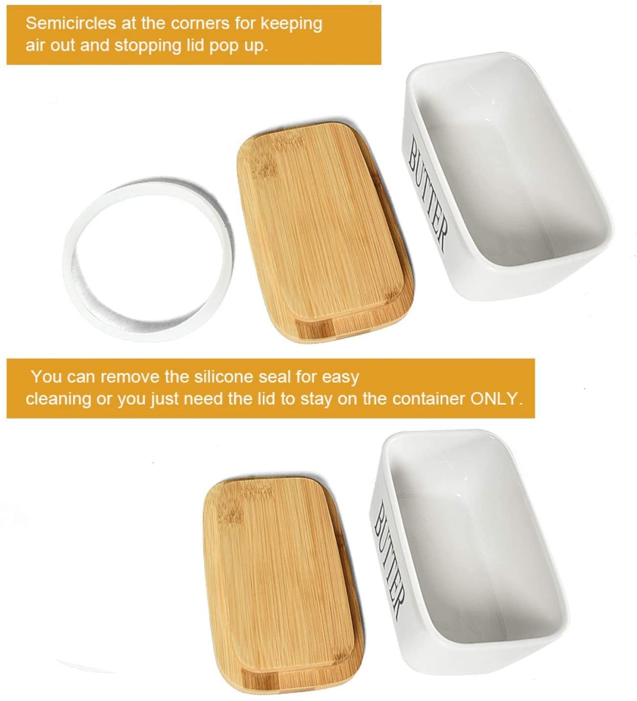 Ceramic Butter Dish with Lid – 650 ML Airtight Butter Container with Bamboo Lid & Butter Knife, Porcelain Farmhouse Style for Countertop Use