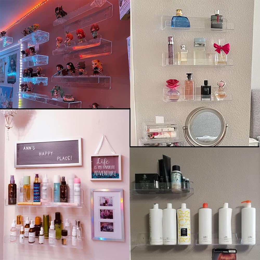 3-Piece Clear Acrylic Wall Shelves, Invisible Floating Bookshelves with Hidden Screws and Mounting Kit, Decorative Storage for Room Bathroom or Kitchen Walls, Sleek Transparent Design