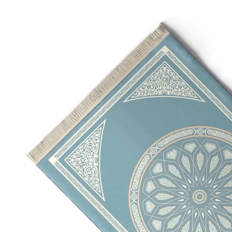 Velvet Prayer Mat in a serene Blue, 68x117 cm, a luxurious Islamic rug with a beautiful dome design, crafted from soft velvet for a comfortable and focused prayer experience