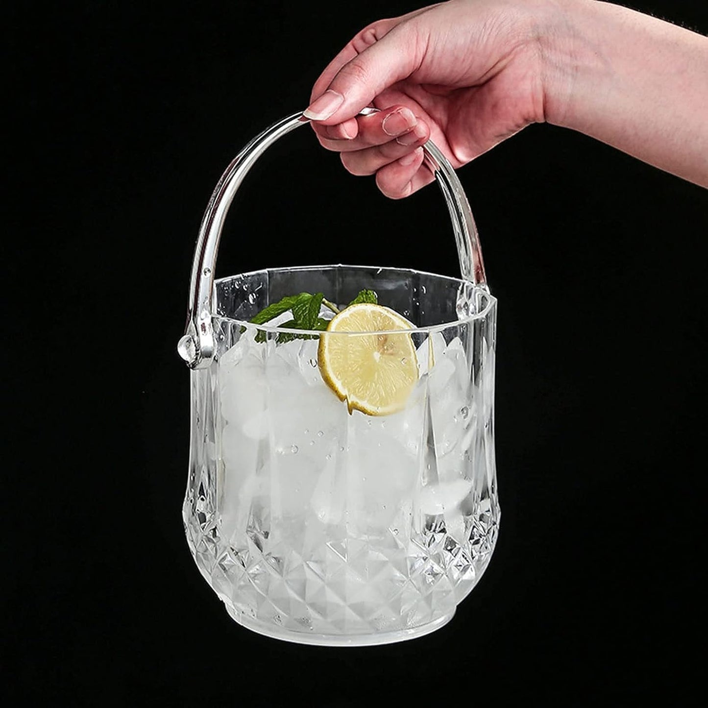 Glass Crystal Ice Bucket with Clips, Premium Clear Design, Elegant for Parties, Weddings, and Events, Durable and Versatile for Ice Storage and Serving