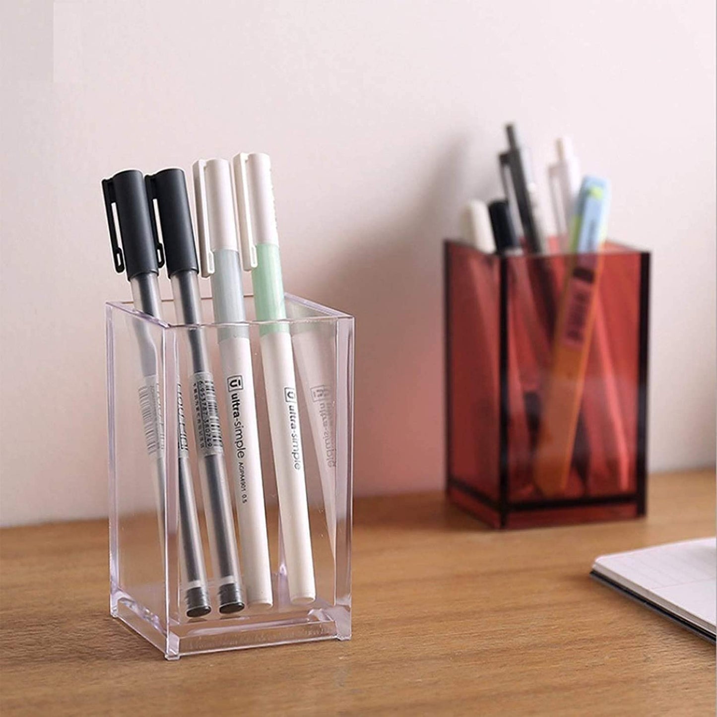 Acrylic Pen Holder, Clear Pencil and Makeup Brush Organizer, Desk Pot for Stationery and Office Supplies, Suitable for Office Desk, School and Home Use, 6.5 x 6.5 x 10 cm, Clear