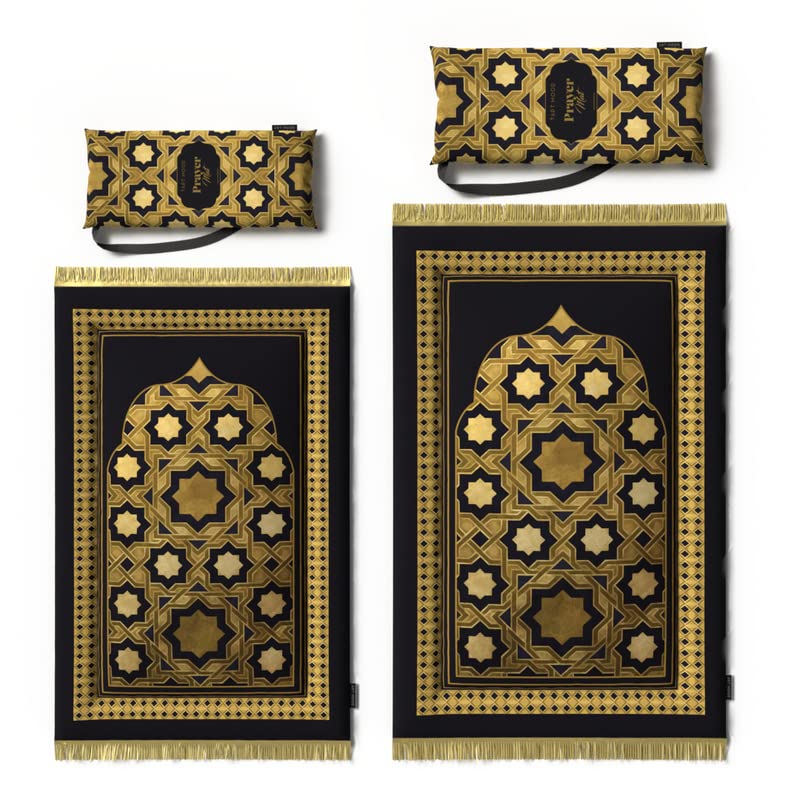 Padded Prayer Rug Mat in soft velvet, Gold and Black, 68x117 cm, a luxurious and comfortable rug with thick cushioning, making it ideal for daily prayers and long periods of devotion