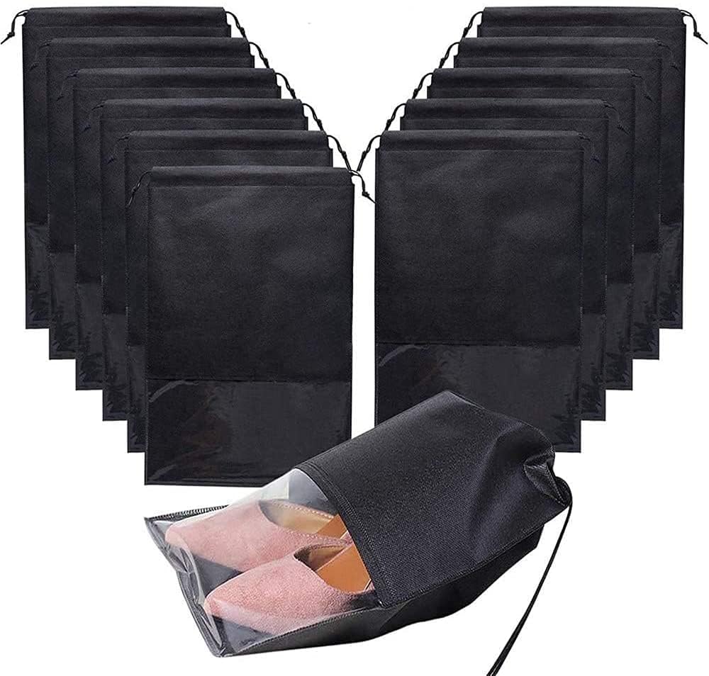10 Pcs Large Travel Storage Shoe Bag, Waterproof Shoe Bags for Gym Traveling, Shoe Pouch Organizer Non-Woven with Rope for Men and Women(Black)