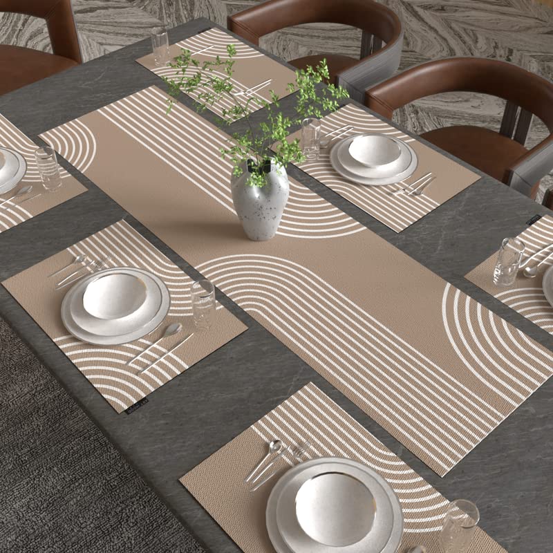 طقم طعام لين ليف مكون من 7 قطع، مع 6 مفارش طعام من القماش متعدد الألوان (45 × 30 سم) وغطاء طاولة واحد (35 × 140 سم)، يتميز بتصميم نباتي عصري لتزيين وحماية طاولة الطعام الخاصة بك