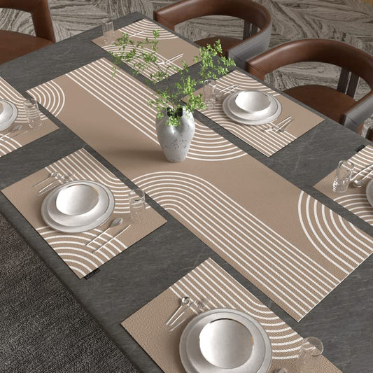 طقم طعام لين ليف مكون من 7 قطع، مع 6 مفارش طعام من القماش متعدد الألوان (45 × 30 سم) وغطاء طاولة واحد (35 × 140 سم)، يتميز بتصميم نباتي عصري لتزيين وحماية طاولة الطعام الخاصة بك