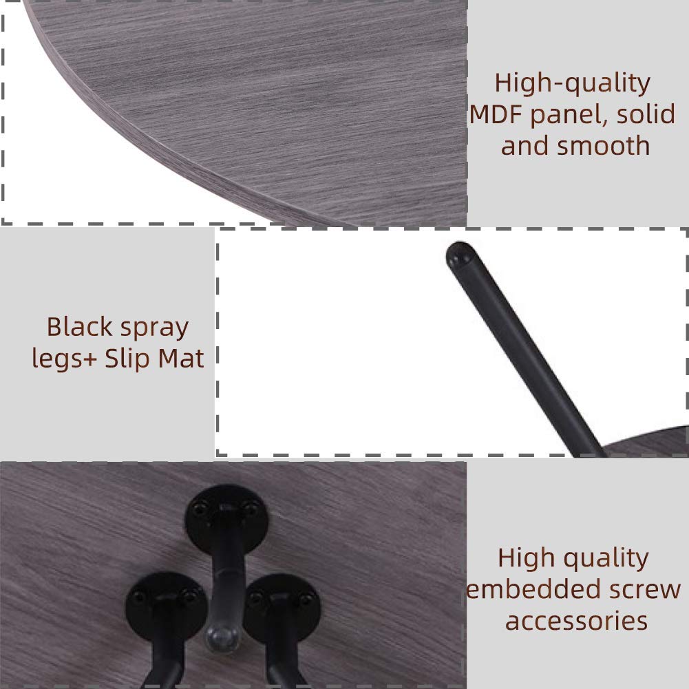 Retro Wood Side End Table for Sofa Small Round Modern Coffee Table 50cm with Black Metal Legs for Living Room, Grey