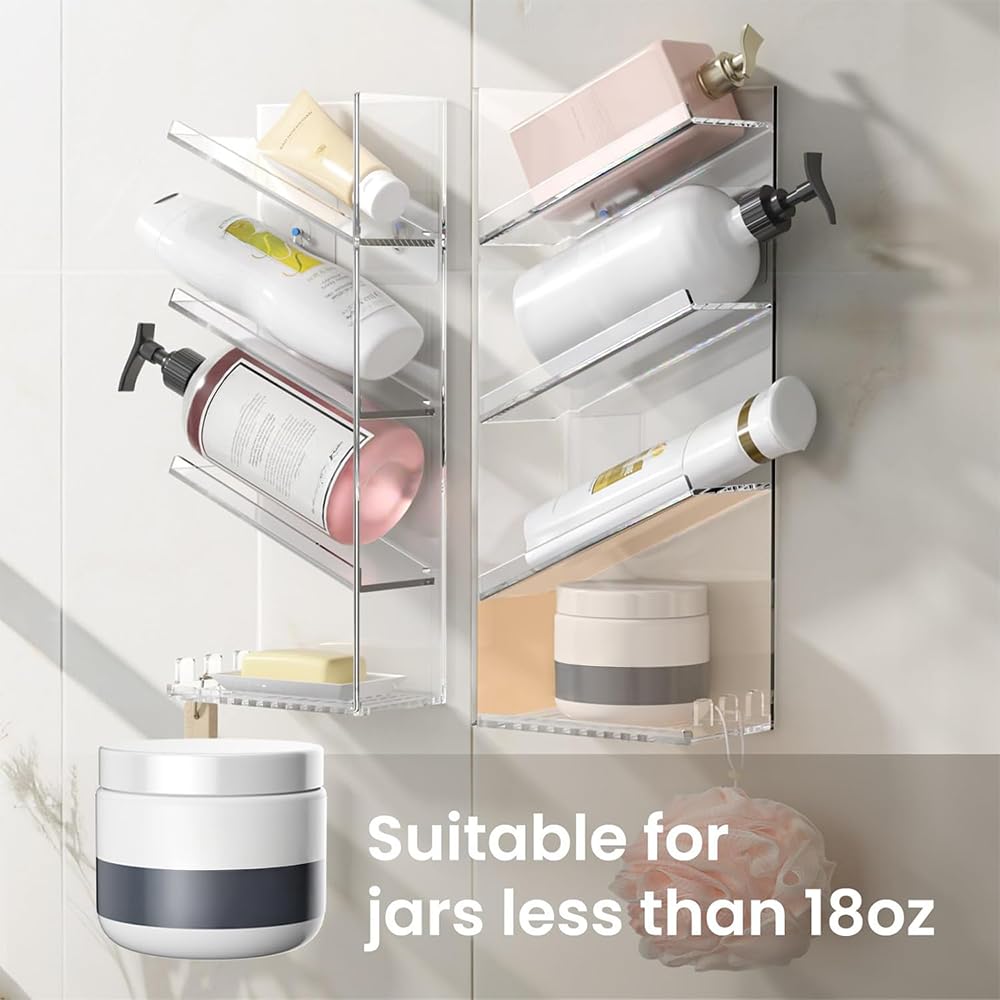Acrylic Bathroom Organizer, Clear Wall-Mounted Shower Caddy with Suction Cup, No-Drill Rustproof Shampoo and Soap Holder Shelf, Durable Storage for Bathroom and Shower Walls