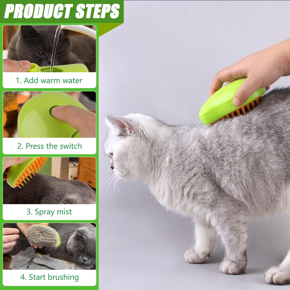 Cat Steamy Brush, 3 In 1 Steamy Cat Brush Cat Spray Massage Comb with Water Tank Multifunctional Cat Grooming Brush for Massages Spray Steam Cat Hair Brush for Removing Tangled and Loose Hair (Green)