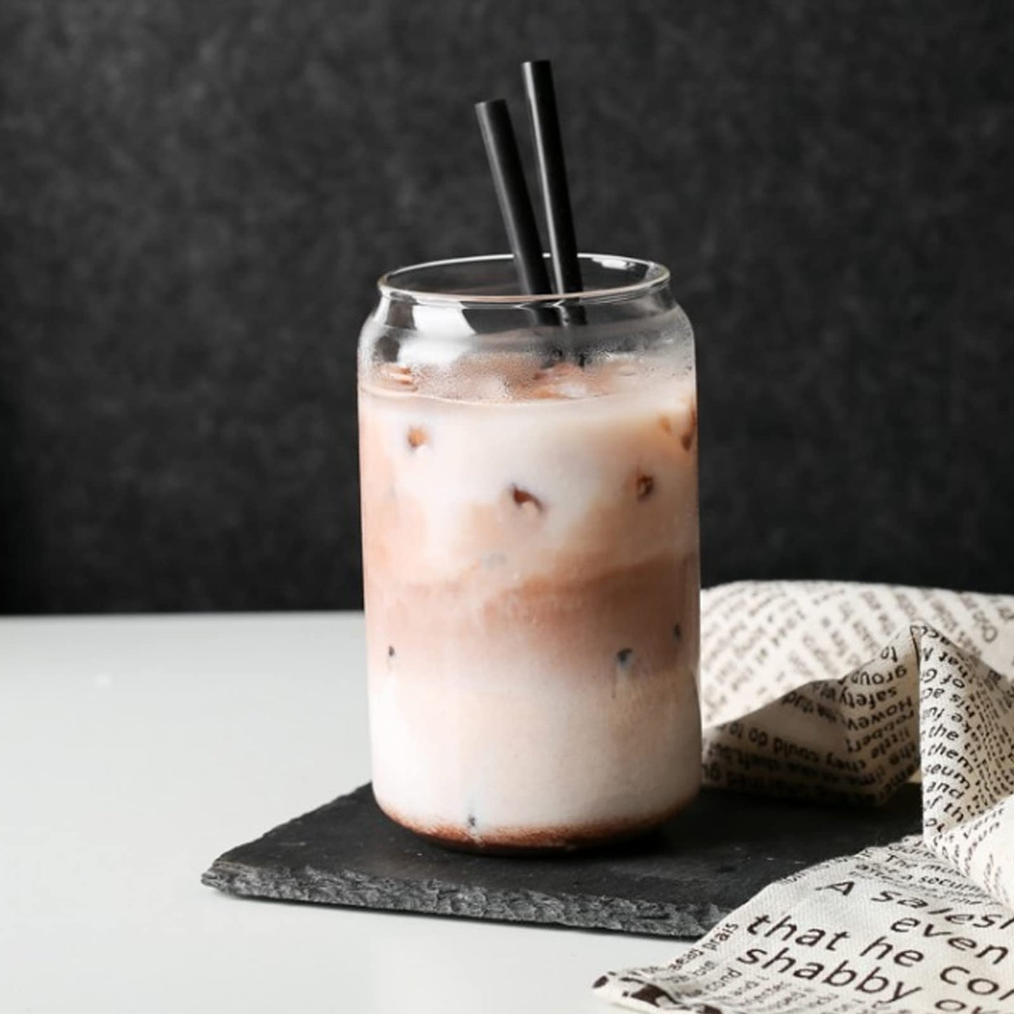 2Pcs Drinking Glasses with Bamboo Lids and Straws, Beer Can Glass Tumbler Glasses Ice Coffee Cup for Milk Coffee Ice Water Cocktail