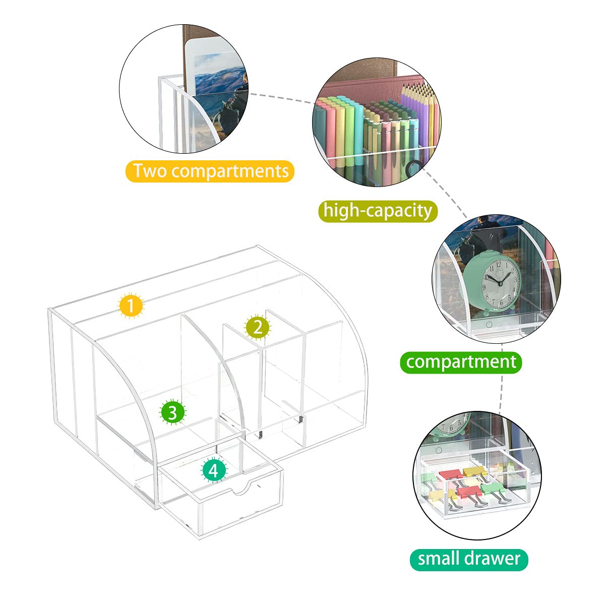 Clear Acrylic Desk Organizer, 8 Compartments Plus 1 Drawer Office Supplies Storage Organizer for Desktop, Home, and School