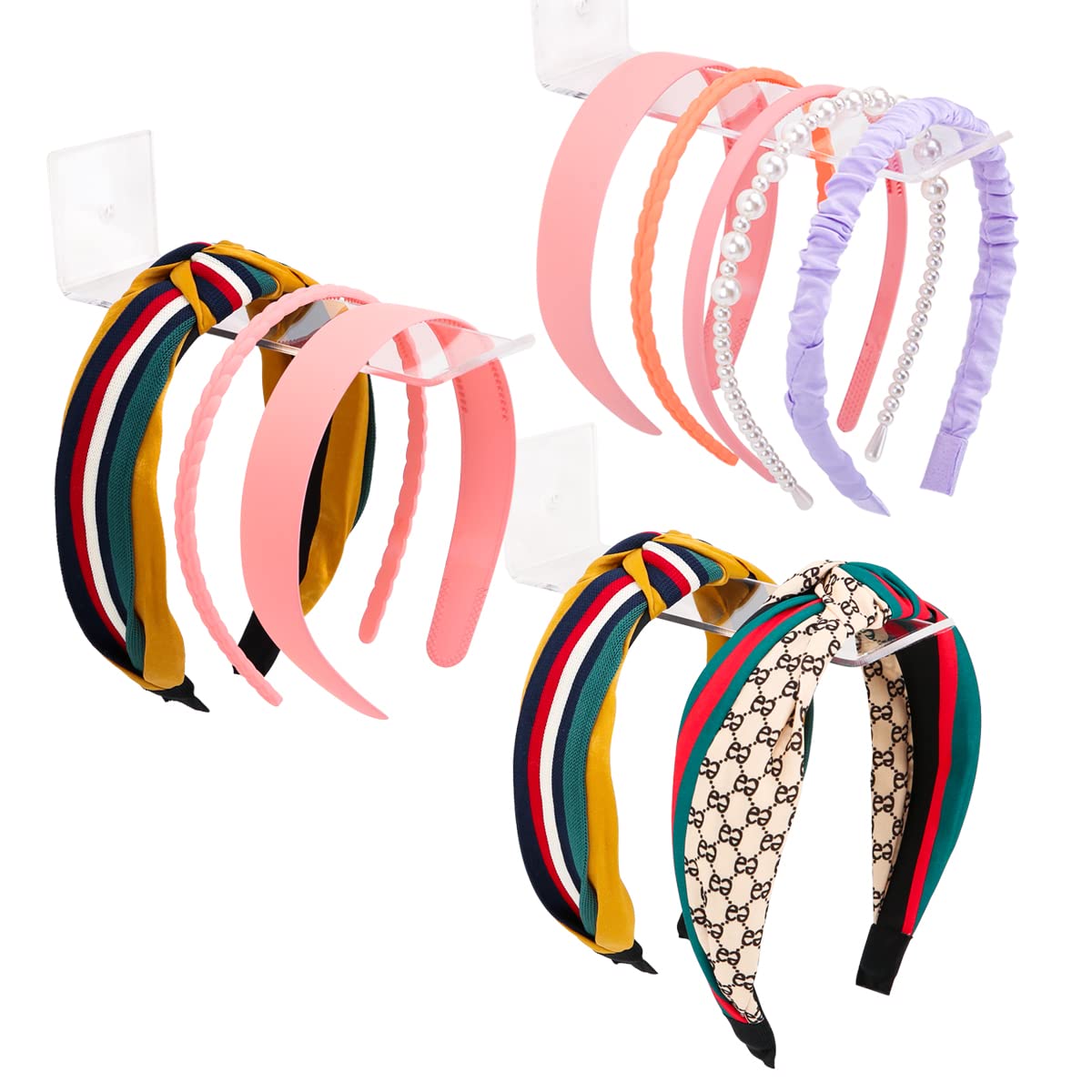 Clear Acrylic Headband Organizer and Storage 3 Pack, Modern Hairbow and Hair Accessory Holder for Girls & Women, Wall Mount or Countertop Display Stand for Tidy Vanity & Closet