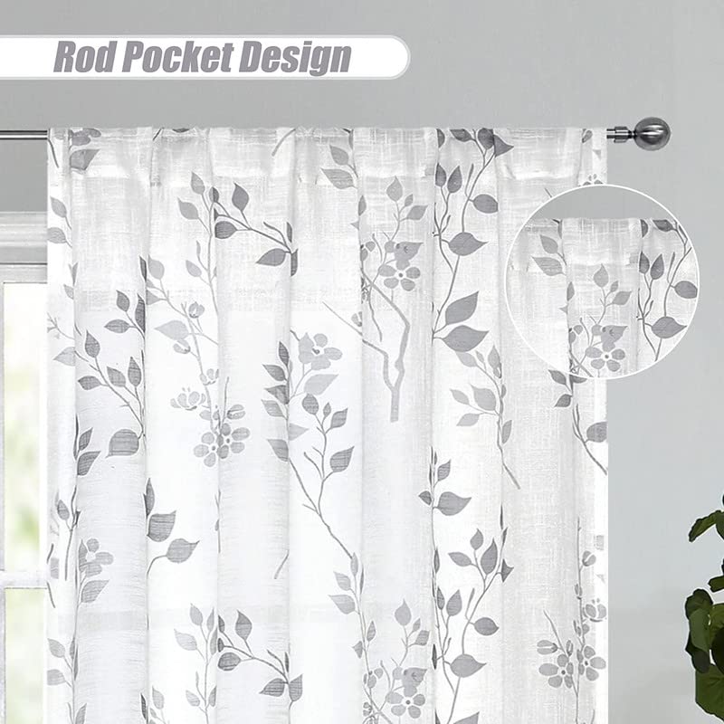 Rich Natural Linen curtains - Printed floral curtains- Semi-transparent - Road Pocket grommets for living room, bedroom, kitchens, 1 piece