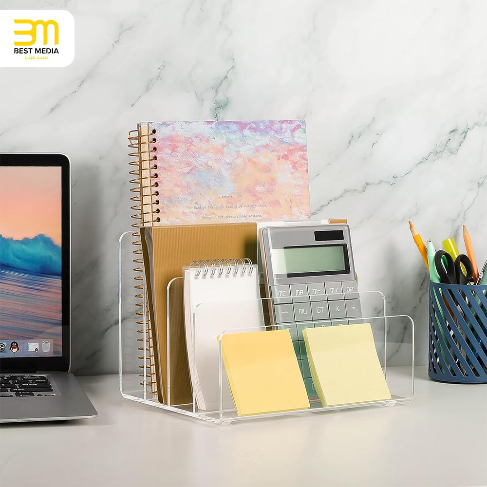4-Section Vertical Acrylic File Holder, Clear Desk Organizer for Envelopes, Letters, and Documents, Modern File Sorter for Notebooks and Electronics like Tablets and Laptops
