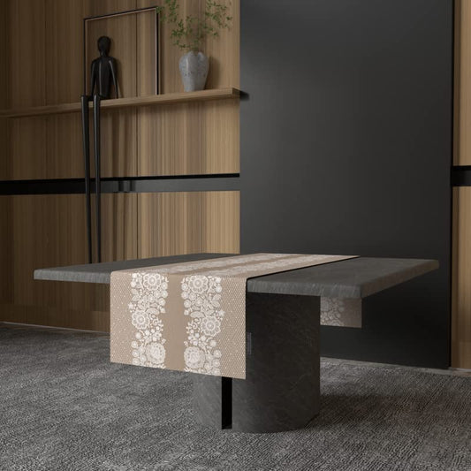 Slate Velvet Table Runner in Beige & Blue, a 35x140 cm plush decorative centerpiece with a sophisticated geometric design, blends modern style with luxurious comfort for an elegant table