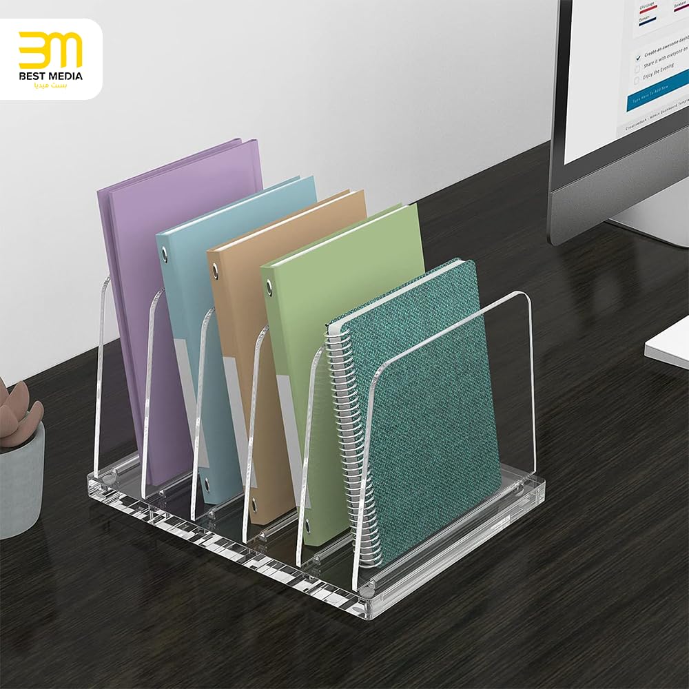 5-Section Vertical Acrylic File Organizer, Clear Desktop File Folder Holder and Sorter Rack, Durable Document Stand for Office, School, and Home Use, Modern and Sleek Workspace Accessory
