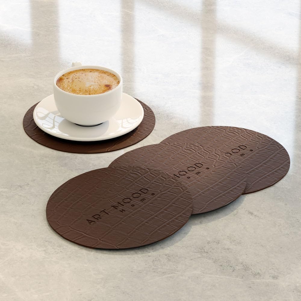 Circle Leather Coaster Set - Premium Faux Leather Coasters with Stylish Touch, Heat-Resistant and Scratch-Proof - Perfect for Coffee Tables, Dining, and Home Decor, Set of 4