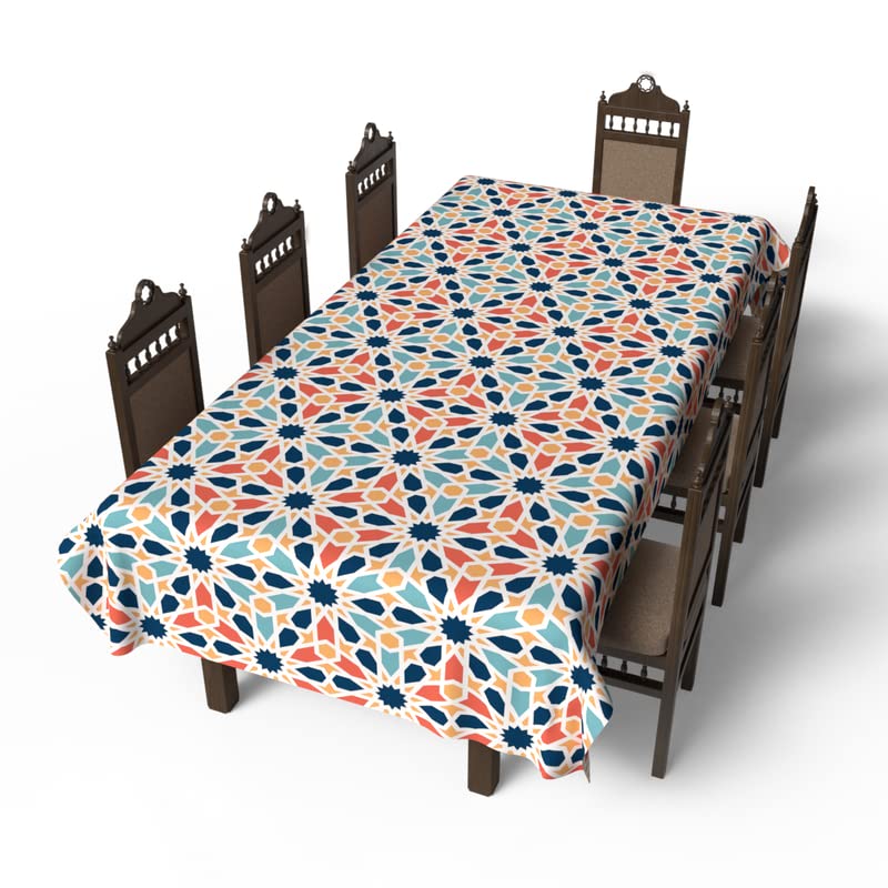 Islamic Arabesque Waterproof Tablecloth, a Multicolor 140x300 cm Rectangular Table Cover of Spillproof Polyester with an Islamic Pattern, a Durable Protector for Festive Family Gatherings