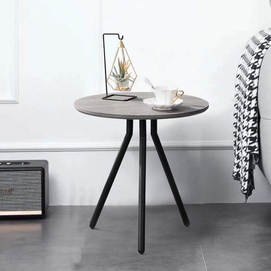 Retro Wood Side End Table for Sofa Small Round Modern Coffee Table 50cm with Black Metal Legs for Living Room, Grey