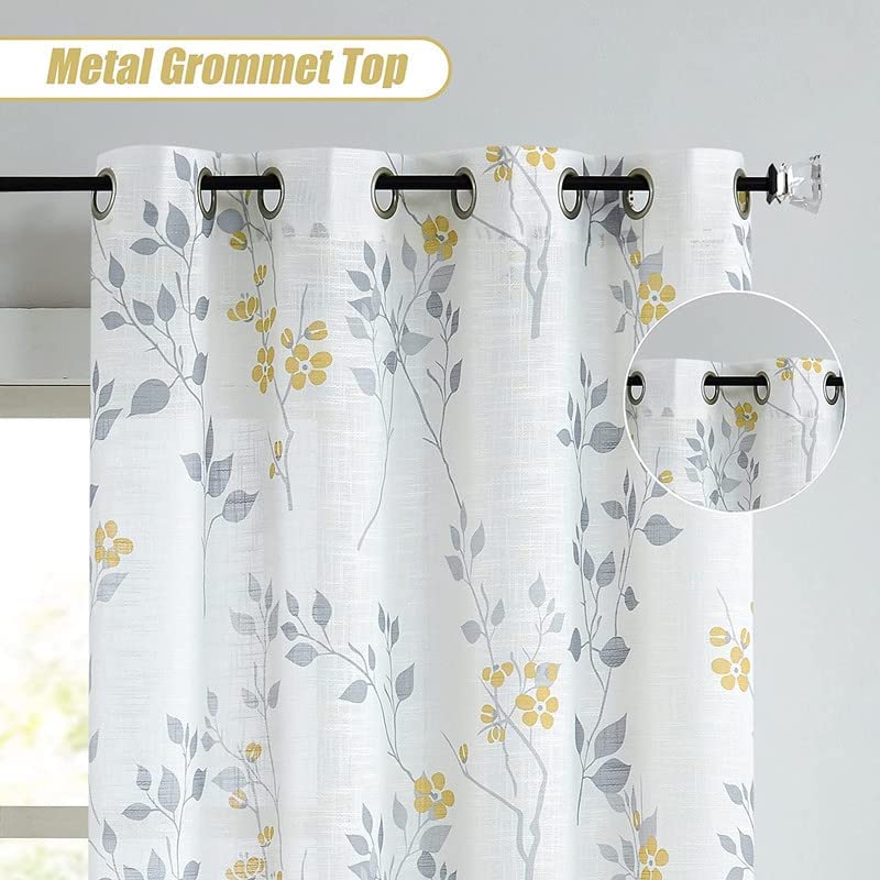 Rich Natural Linen curtains - Printed floral curtains- Semi-transparent - Steel grommets for living room, bedroom, kitchens, 1 piece