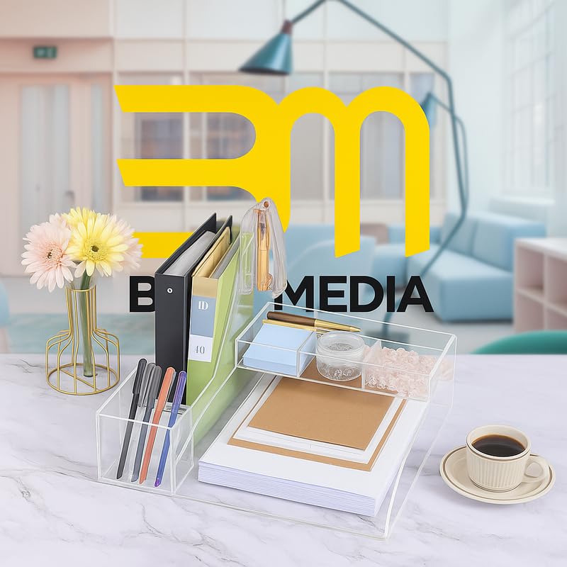Clear Acrylic Desk Organizer Set, 4 Pcs Office Supplies Set with Paper Tray, Magazine Holder, Pen Holder, Desktop Organizer for Home and Office