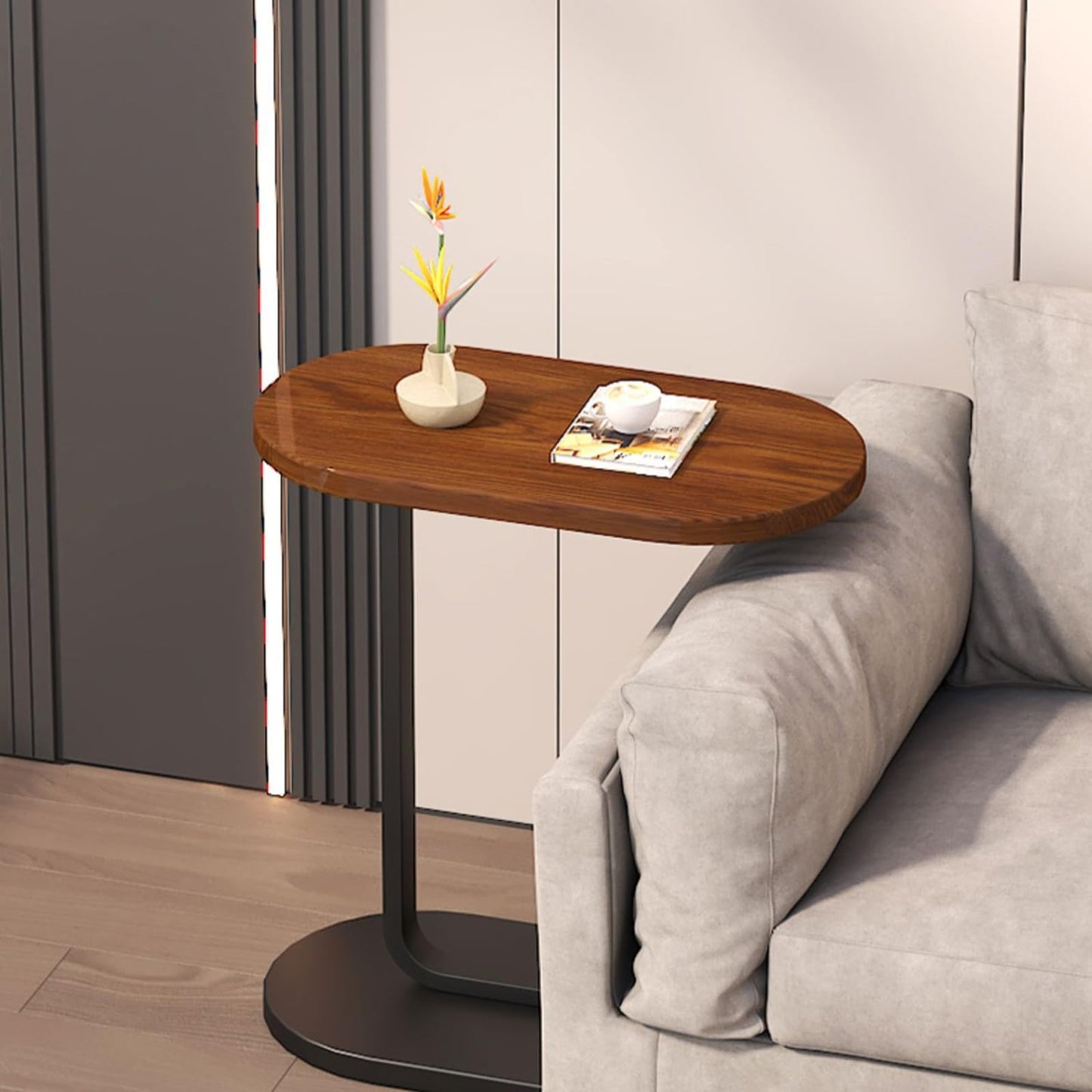 C-Shaped Side Table with Sliding Design – Sturdy Metal Frame and Wood Surface, Perfect for Living Room 45D x 30W x 60H CM Black x Brown