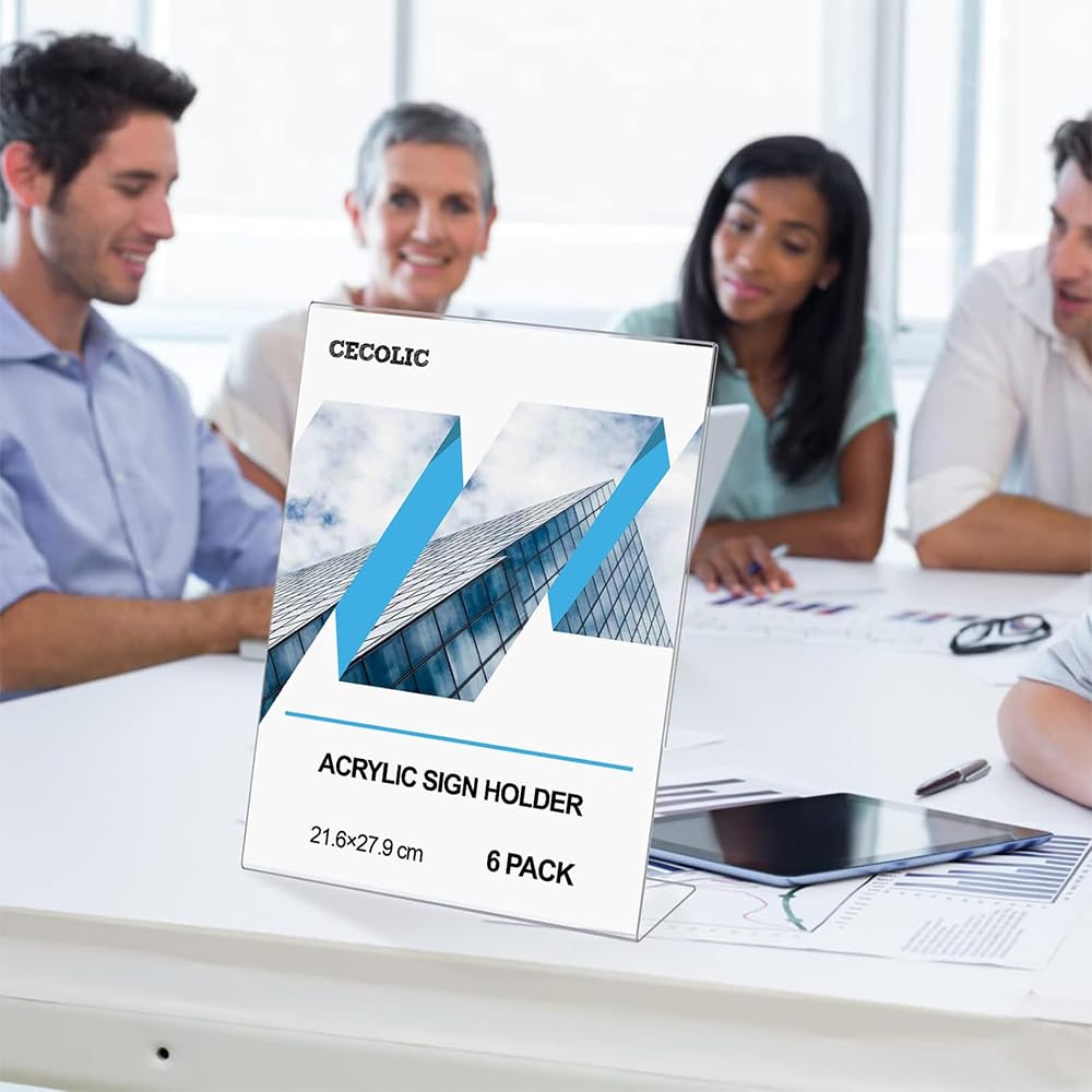 Acrylic Sign Holder, 6-Pack Clear Slant Back Display Stands, 21.6 x 27.9 cm Holders for Menus, Flyers, Documents, Papers and Photos, Suitable for Office, Desktop, Counter and Event Use