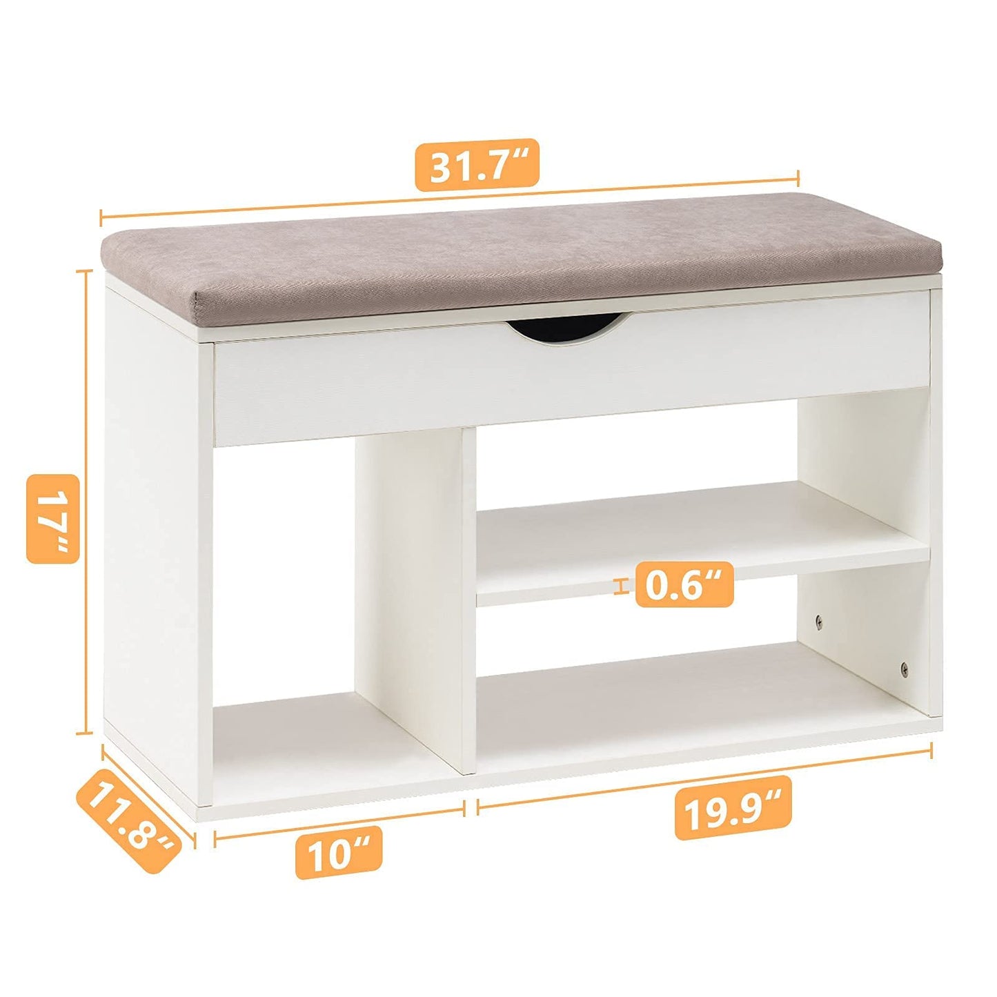 Shoe Storage Bench, Entryway Bench with Flip-up Padded Cushion and Storage Space, 2-Tier & 1- Hidden Compartment Shoe Rack for Bedroom, White