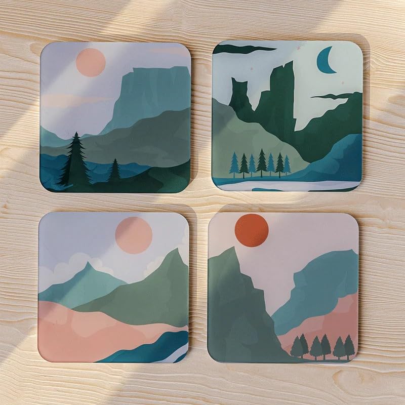 Acrylic Coaster Set of 4, 9×9 cm, Heat and Moisture Resistant Drink Coasters, Mountain Landscape Design, Acrylic for Coffee Tables Desks Dining Decor, Set of Decorative Mats