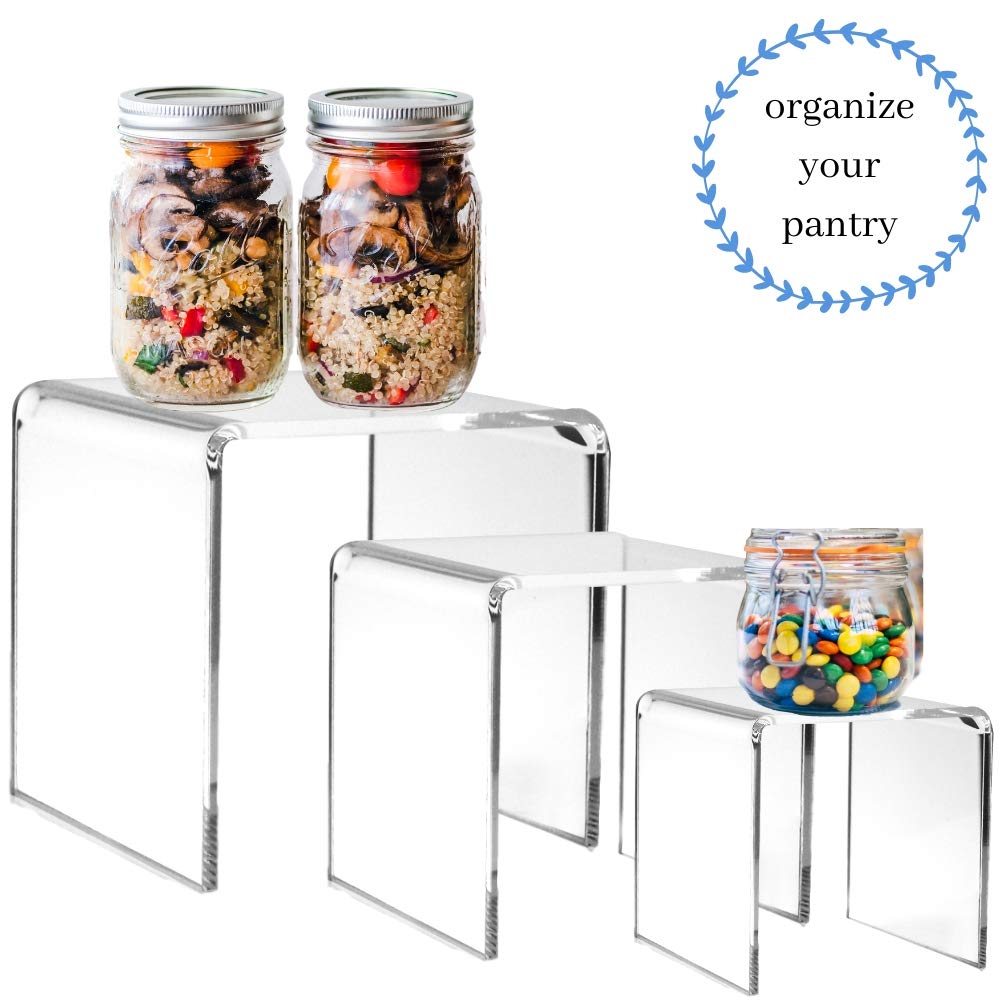 Acrylic Display Risers Set, 3-Piece Clear Acrylic Pedestal Stands, Assorted Sizes for Jewelry Display, Tabletop Fixtures, Retail Counter Showcases, Collectibles and Product Presentation