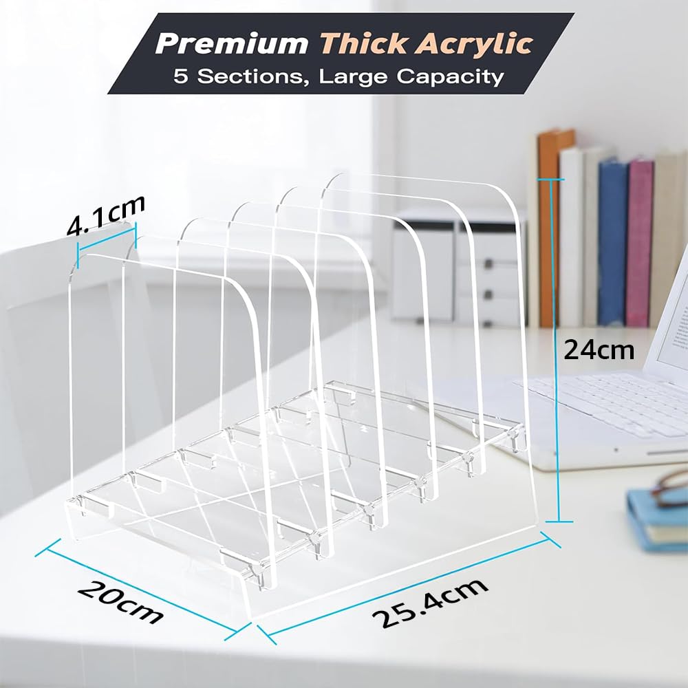Vertical File Holder and Sorter, 5-Section Clear Acrylic Desktop Organizer Stand for Folders, Mail, and Books, Modern Transparent File Rack for Efficient Office, School, and Home Use