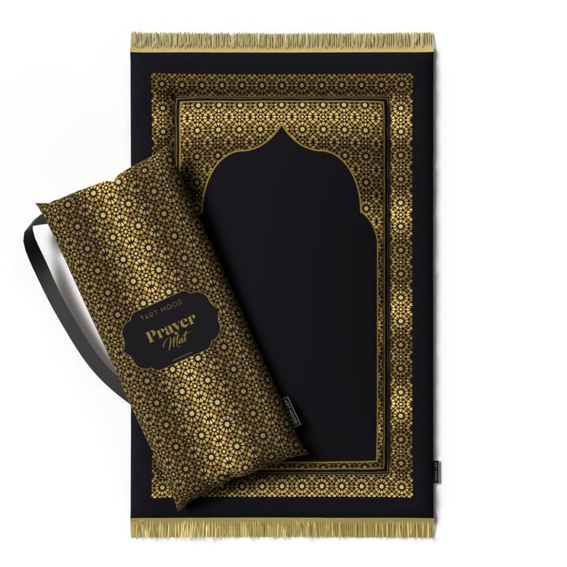 Velvet Prayer Rug Mat in a timeless Gold and Black design, 68x117 cm, a soft and comfortable Islamic rug that provides an ideal surface for your daily prayers and moments of reflection