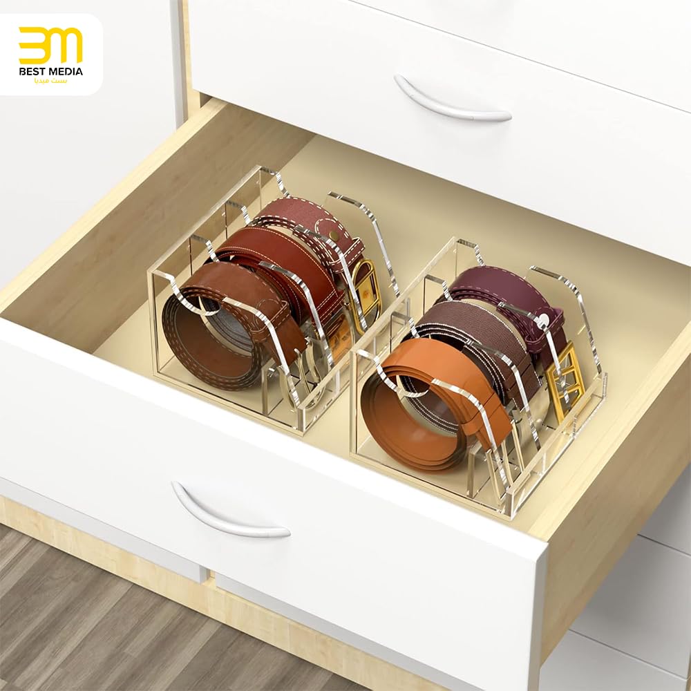 Acrylic Belt Organizer, Clear Belt Storage Holder with 3 Compartments and Display Stand, Perfect for Closet, Drawer and Dresser Organization, Elegant Storage Solution for Belts, Clear