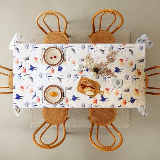 Tablecloth, Sou Floral Pattern, Rectangle Design, Premium Linen Velvet Fabric, Ultra-Soft and Wrinkle-Resistant, 1 Piece, Elegant Table Cover for Dining, Kitchen, or Living Room