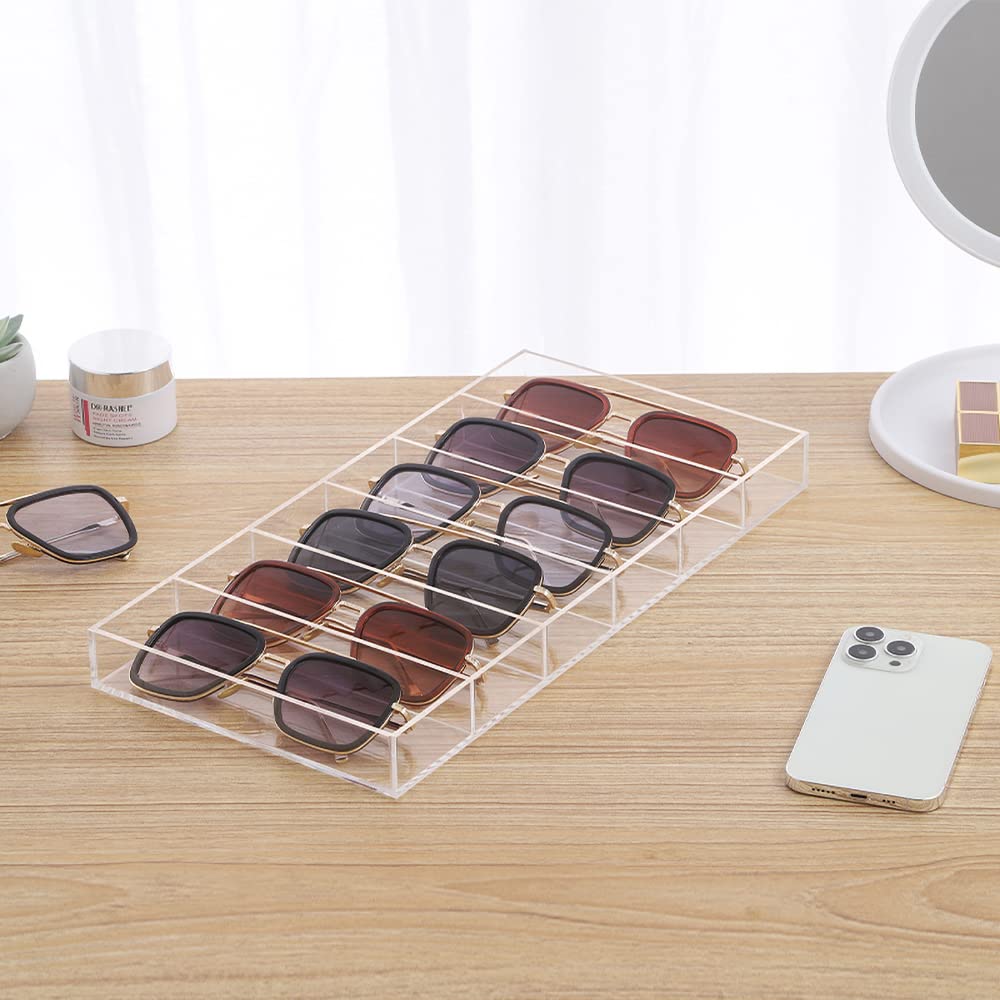 Acrylic Sunglasses Display Organizer, 6-Slot Clear Eyeglasses Storage Tray for Desktop or Drawer Use, Sunglasses, Reading Glasses, and Accessories, Suitable for Home or Retail, Clear