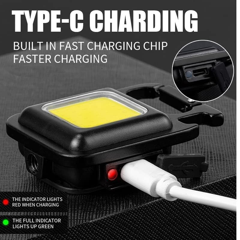 سلسلة مفاتيح صغيرة من COB، مصباح يدوي LED قابل لإعادة الشحن، 800 لومن، 4 أوضاع، بحجم الجيب مع حامل قابل للطي، قاعدة مغناطيسية، فتاحة زجاجات، للتخييم وصيد الأسماك والمشي والاستخدام في حالات الطوارئ