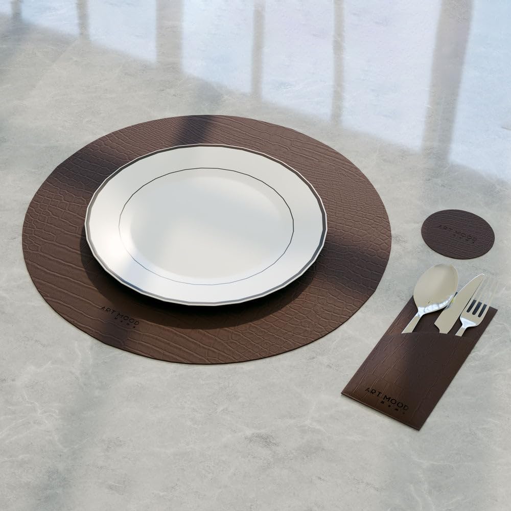 Leather Placemat Set with Coasters And Holders - Faux Leather Dining Table Protection - Heat And Scratch Resistant