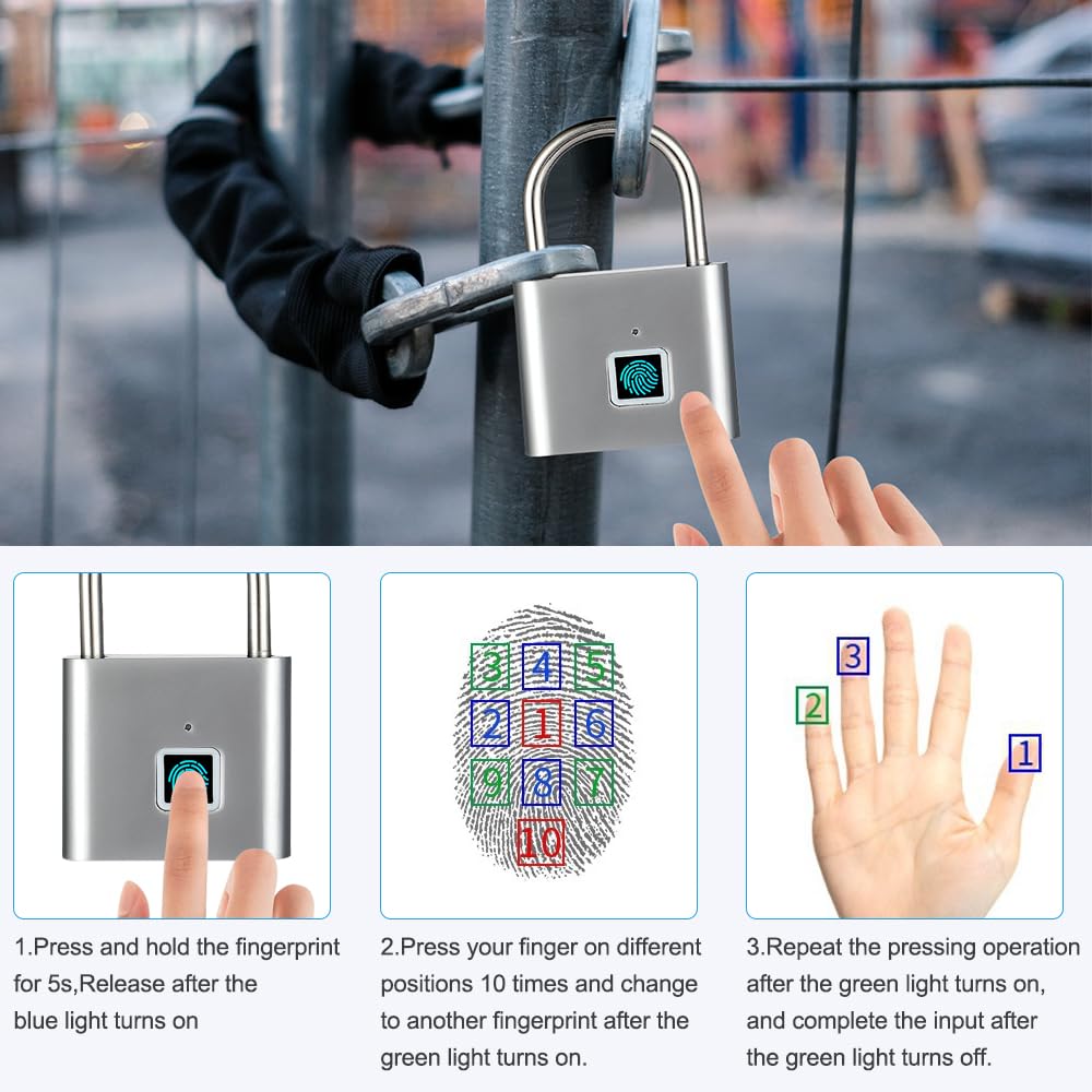 PLLYPE Fingerprint Lock, Fingerprint Padlock, Lock with Fingerprint, Smart Lock Waterproof, for Gym, Warehouses, Luggage (Silver)