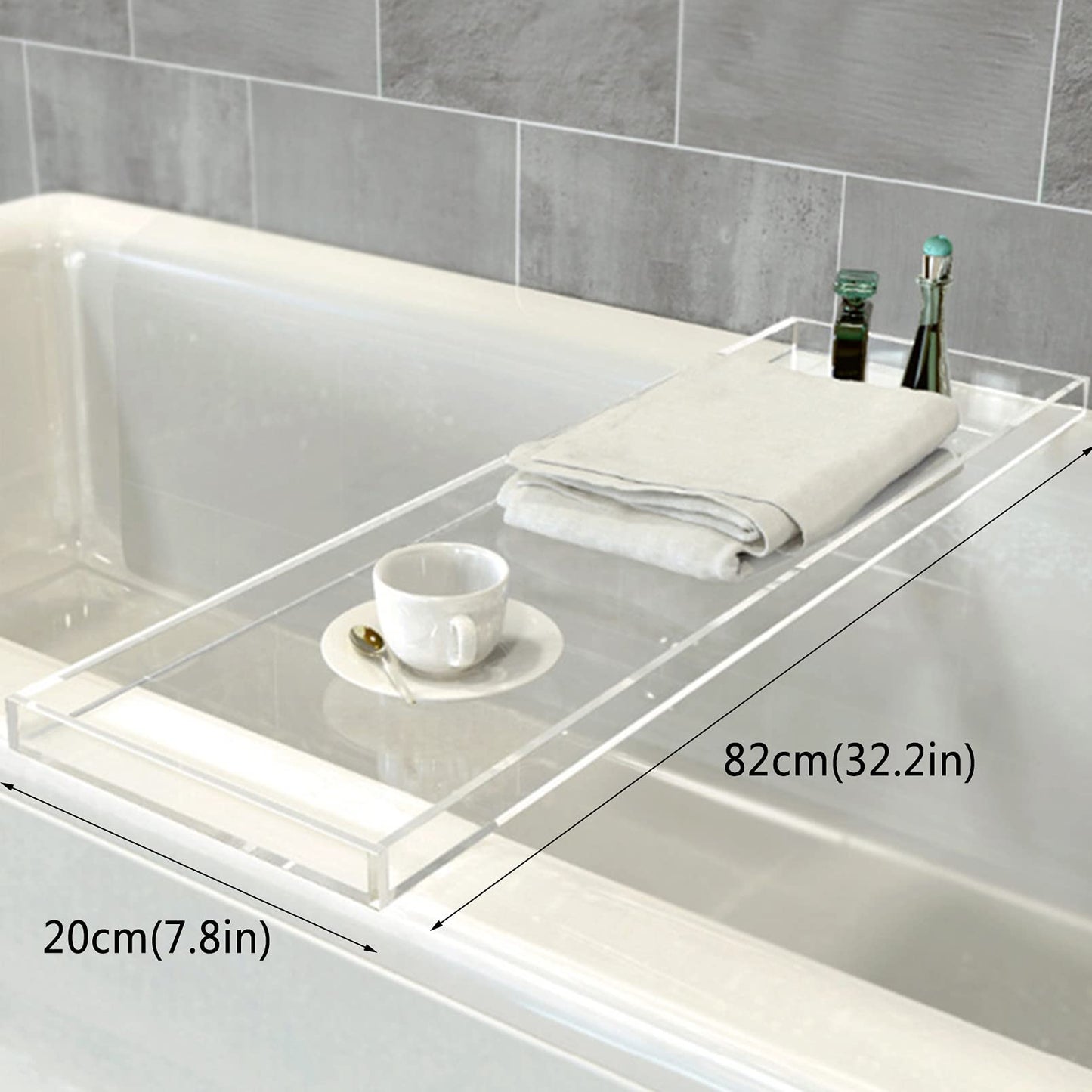 Bathtub Tray Caddy, Luxury Acrylic Bath Tub Shelf and Organizer, 82 x 20 cm Spa Tray with Tablet Holder, Perfect for Holding Books, Candles and Bath Essentials, Relaxation Accessory, Clear