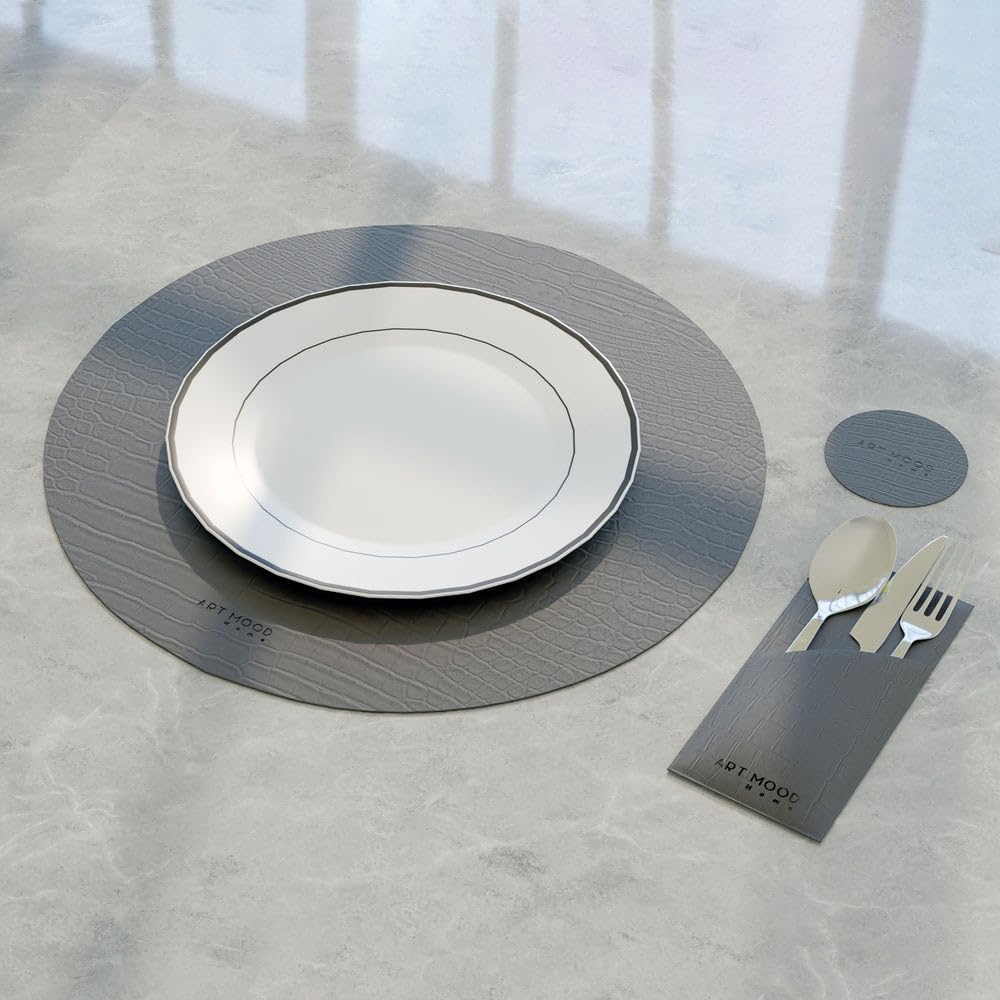 Leather Placemat Set with Coasters And Holders - Faux Leather Dining Table Protection - Heat And Scratch Resistant