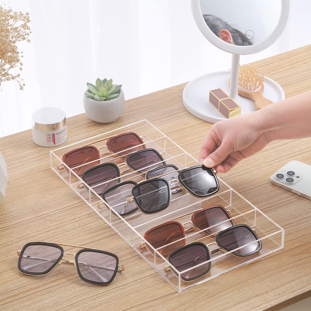 Acrylic Sunglasses Display Organizer, 6-Slot Clear Eyeglasses Storage Tray for Desktop or Drawer Use, Sunglasses, Reading Glasses, and Accessories, Suitable for Home or Retail, Clear