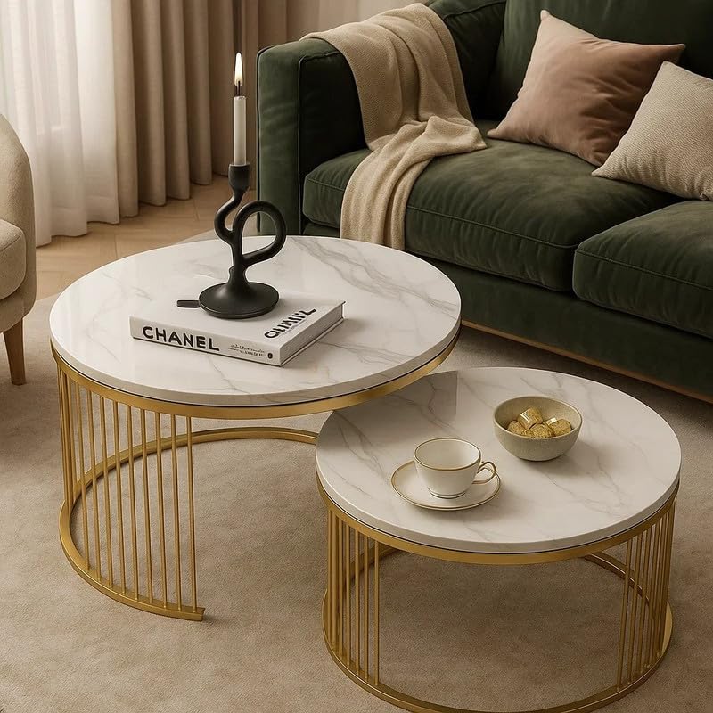 Nesting Coffee Tables, Faux Marble and Gold Elegance, Set of 2 Round Tables with Metal Base, 65x65x45 cm, Space-Saving Design for Living Room, Side Tables for Home