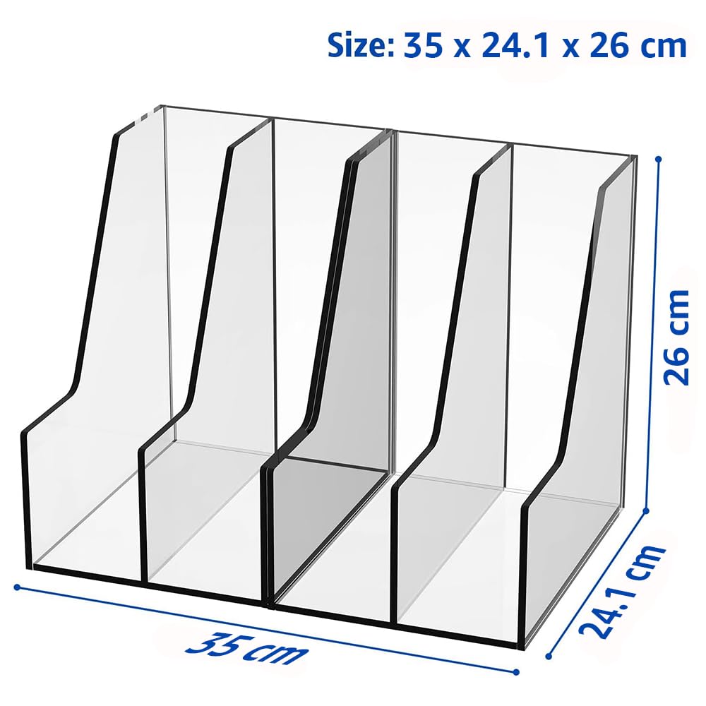 4-Slot Clear Acrylic Desk Organizer, Vertical Magazine and File Holder for Office, Modern Bookshelf for Kids, Sturdy and Transparent Document and Book Sorter for Efficient Storage