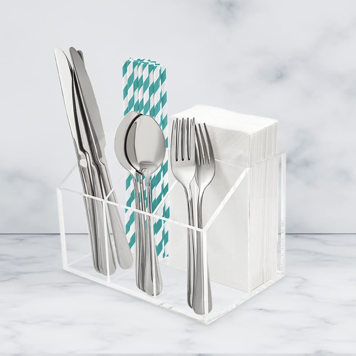 Utensil Holder Organizer, Clear Acrylic Countertop Caddy for Storing Cutlery, Flatware, Spoons, Forks, Knives and Napkins, Suitable for Kitchens, Buffets and Dining Tables, Clear