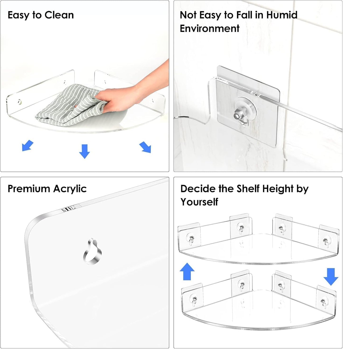 Corner Acrylic Shower Caddy Shelf 2 Pack, Wall Mounted Bathroom Organizer with Adhesive or Drill Installation, Rustproof Shampoo Holder for Tile Walls, 23 x 23 x 4.5 cm