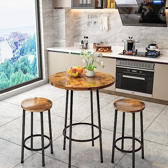 3 Piece Pub Table Set, Modern Round Bar Table with 2 Stools Set, Bistro Counter Height Table Dining Set of 2 for Small Space, Dining, Kitchen, Restaurant, Breakfast Nook - Rustic Brown