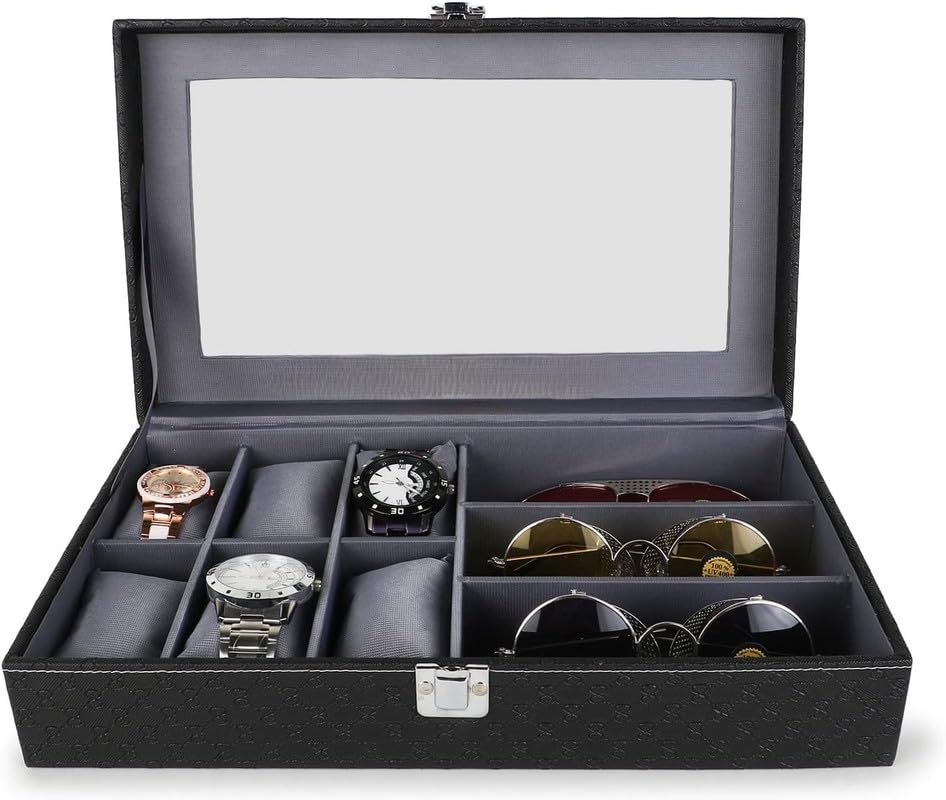 Watch Box and Sunglass Case Organizer, 6 Watch Slots, 3 Sunglass Compartments, Elegant Black and Gray Design, Premium Leather Look, Perfect Gift for Men and Women