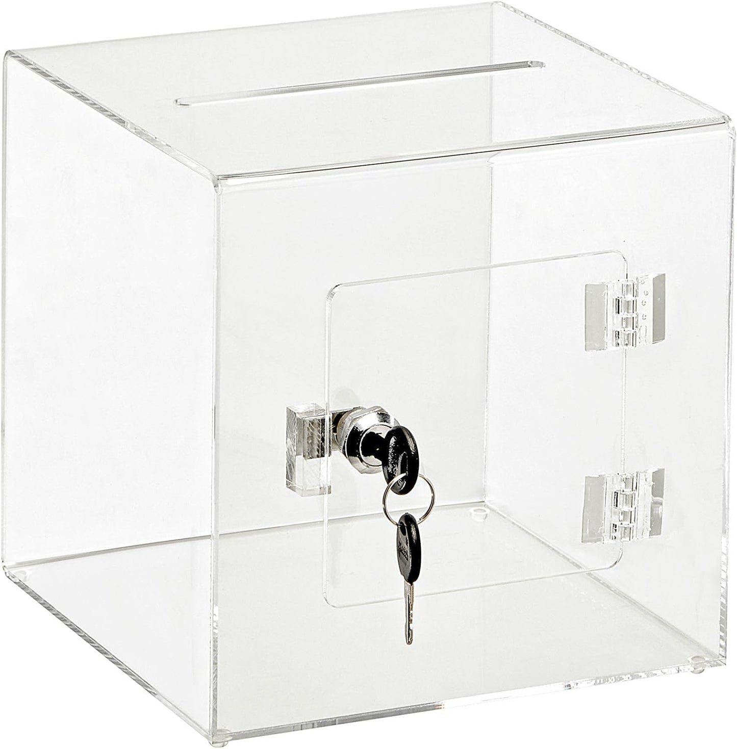 Clear Acrylic Donation and Suggestion Box with Lock and Rear Door, 20 x 20 cm, Slot for Voting, Charity Fundraising, Tips and Feedback Collection